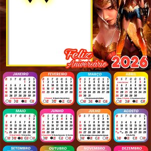 Calendário 2026 Feliz Aniversário Mulher Maravilha Arte Digital