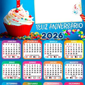Calendário 2026 Feliz Aniversário PNG Arte Digital