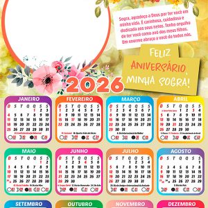 Calendário 2026 Feliz Aniversário Sogra PNG Arte Digital