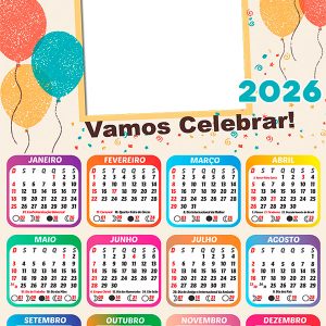 Calendário 2026 Feliz Aniversário Vamos Celebrar PNG Arte Digital