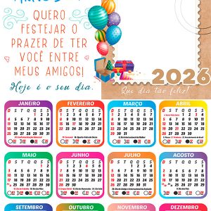 Calendário 2026 Feliz Aniversário entre Meus Amigos Arte Digital
