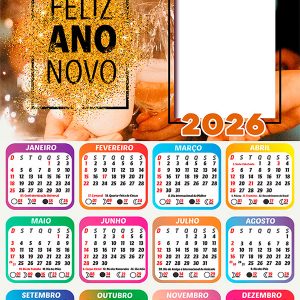 Calendário 2026 Feliz Ano Novo Dourado PNG Arte Digital
