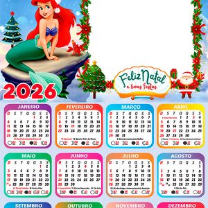 Calendário 2026 Feliz Natal A Pequena Sereia PNG Arte Digital