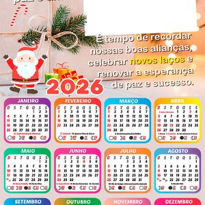 Calendário 2026 Feliz Natal Cheio de Paz e Amor Arte Digital