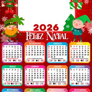 Calendário 2026 Feliz Natal Duendes do Papai Noel Arte Digital