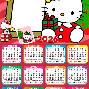 Calendário 2026 Feliz Natal Hello Kitty PNG Arte Digital