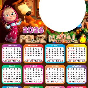 Calendário 2026 Feliz Natal Masha e o Urso PNG Arte Digital