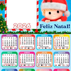 Calendário 2026 Feliz Natal Menino Noel PNG Arte Digital