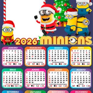 Calendário 2026 Feliz Natal Minions PNG Arte Digital