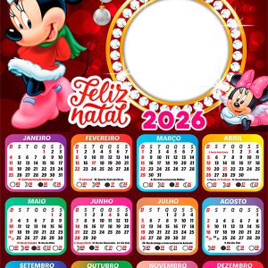 Calendário 2026 Feliz Natal Minnie Disney PNG Arte Digital