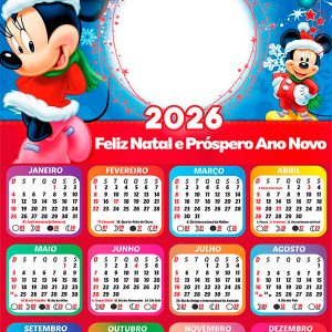 Calendário 2026 Feliz Natal Minnie e Mickey PNG Arte Digital
