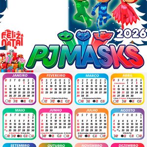 Calendário 2026 Feliz Natal PJ Masks PNG Arte Digital