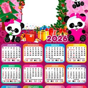 Calendário 2026 Feliz Natal Panda Rosa PNG Arte Digital