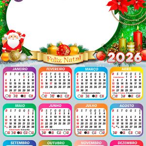 Calendário 2026 Feliz Natal Papai Noel Decoração Arte Digital