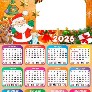Calendário 2026 Feliz Natal Papai Noel e Rena PNG Arte Digital