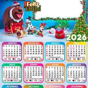 Calendário 2026 Feliz Natal Pets PNG Arte Digital
