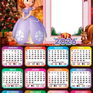 Calendário 2026 Feliz Natal Princesinha Sofia PNG Arte Digital