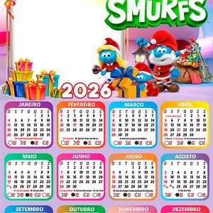 Calendário 2026 Feliz Natal Smurfs PNG Arte Digital