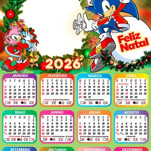 Calendário 2026 Feliz Natal Sonic PNG Arte Digital