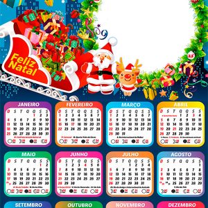 Calendário 2026 Feliz Natal Trenó Papai Noel PNG Arte Digital