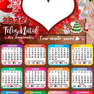 Calendário 2026 Feliz Natal para Namorados PNG Arte Digital