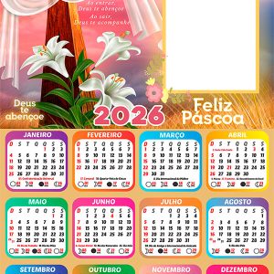Calendário 2026 Feliz Páscoa Frase Deus te Abençoe Arte Digital