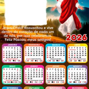 Calendário 2026 Feliz Páscoa Jesus Cristo Mensagem Arte Digital