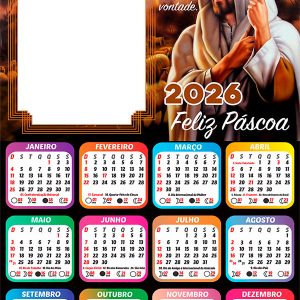 Calendário 2026 Feliz Páscoa Jesus Cristo PNG Arte Digital