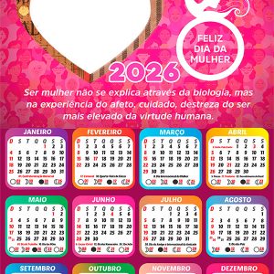 Calendário 2026 Frase Dia da Mulher PNG Arte Digital