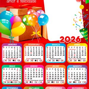 Calendário 2026 Frase de Feliz Aniversário PNG Arte Digital
