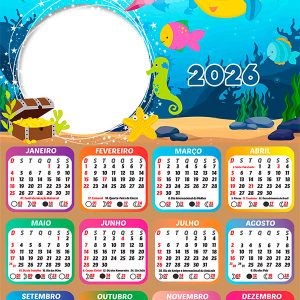 Calendário 2026 Fundo do Mar Tema PNG Arte Digital