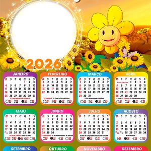Calendário 2026 Girassol Tema Infantil PNG Arte Digital