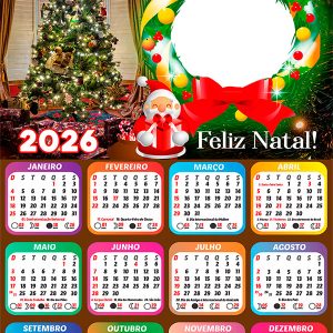 Calendário 2026 Guirlanda Natalina PNG Arte Digital