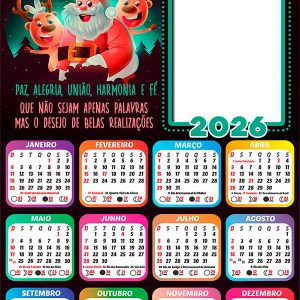 Calendário 2026 Harmonia e Fé Papai Noel PNG Arte Digital