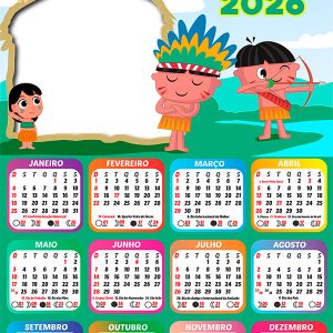 Calendário 2026 Índio Tema Infantil PNG Arte Digital