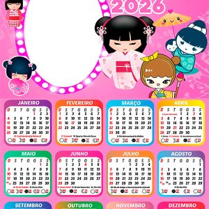 Calendário 2026 Kokeshi PNG Arte Digital