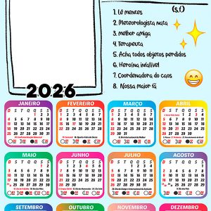Calendário 2026 Mãe Adjetivos Dia das Mães PNG Arte Digital