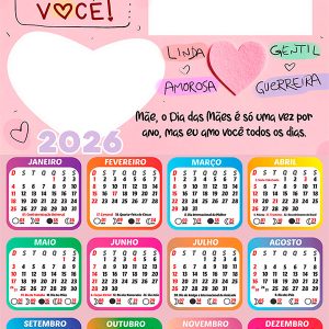 Calendário 2026 Mãe Eu Amo Você PNG Arte Digital