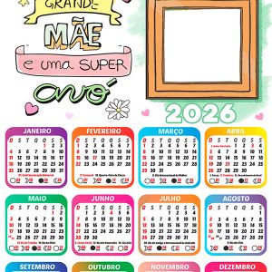 Calendário 2026 Mãe e uma Super Avó PNG Arte Digital