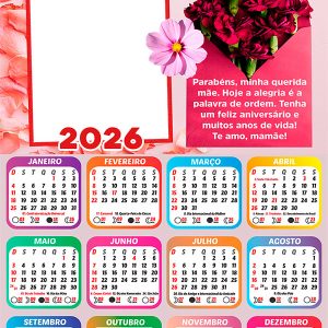 Calendário 2026 Mamãe Feliz Aniversário PNG Arte Digital