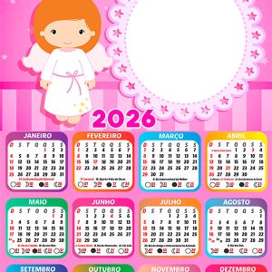 Calendário 2026 Meu Batizado Rosa para Meninas Arte Digital