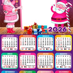 Calendário 2026 Papai Noel Cor-de-Rosa PNG Arte Digital