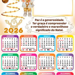 Calendário 2026 Papai Noel Dourado PNG Arte Digital