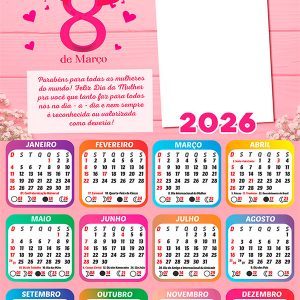 Calendário 2026 Parabéns Dia das Mulheres PNG Arte Digital