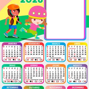 Calendário 2026 Patins Infantil PNG Arte Digital