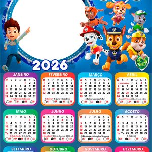 Calendário 2026 Patrulha Canina Meninos PNG Arte Digital