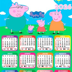 Calendário 2026 Peppa Pig Família PNG Arte Digital