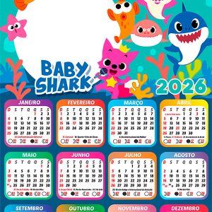 Calendário 2026 Personagens Baby Shark PNG Arte Digital