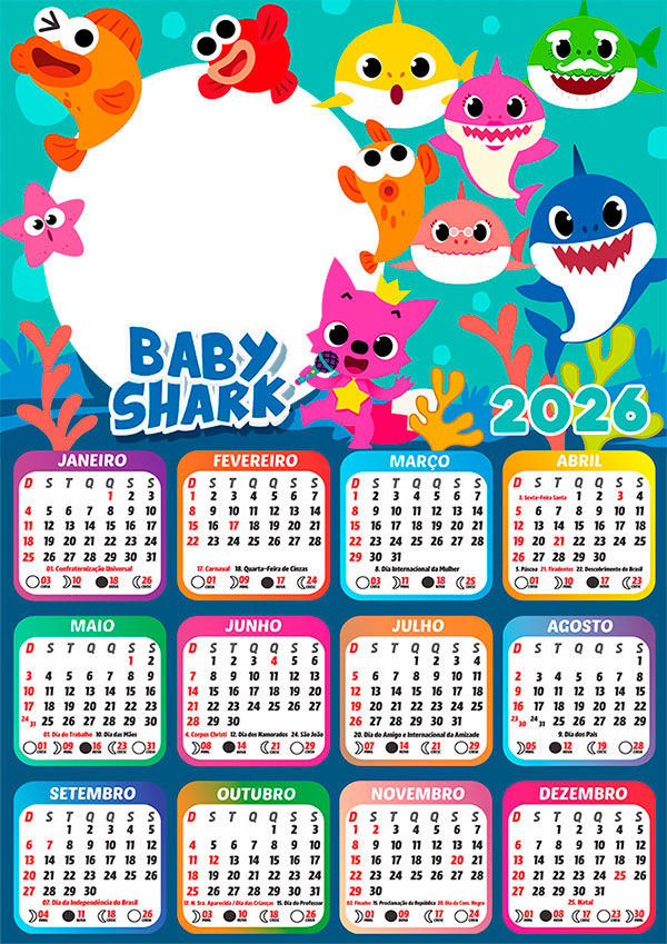 Calendário 2026 Personagens Baby Shark PNG Arte Digital