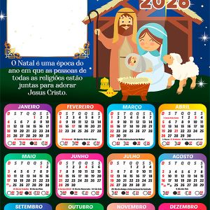 Calendário 2026 Presépio de Natal com Mensagem Arte Digital